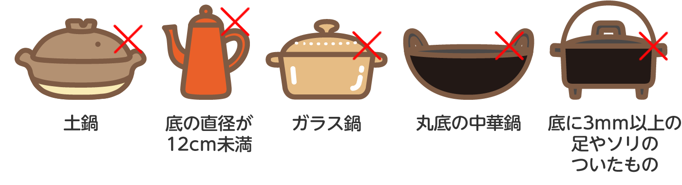土鍋 | 底の直径が 12cm未満 | ガラス鍋 | 丸底の中華鍋 | 底に4mm以上の足やソリのついたもの