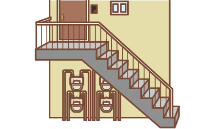 外に複数並列設置（部屋番号のシールが貼ってあります）